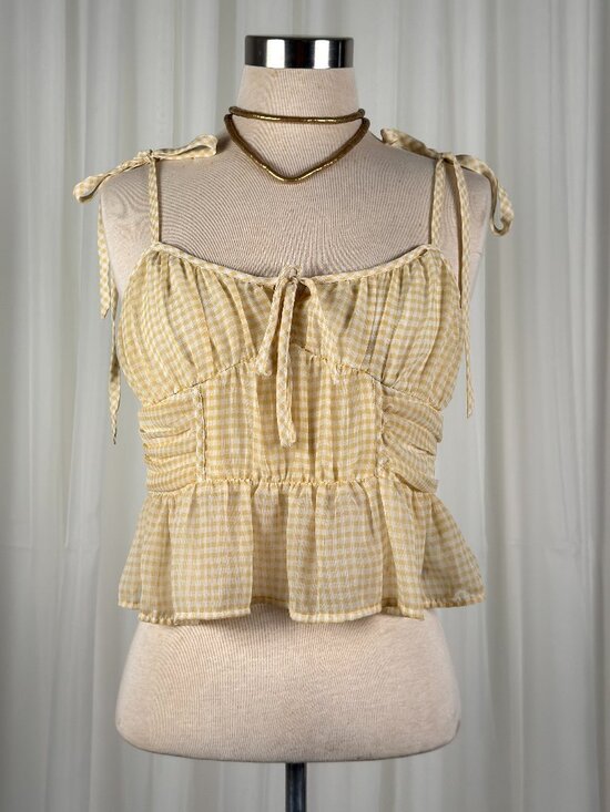 American Eagle Outfitters Tops - AE corset peplum yellow cream gingham cropped blouse small